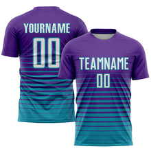 Laden Sie das Bild in den Galerie-Viewer, Custom Purple White-Teal Pinstripe Fade Fashion Sublimation Soccer Uniform Jersey