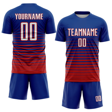 Custom Royal White-Red Pinstripe Fade Fashion Sublimation Soccer Uniform Jersey