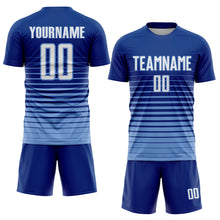 Загрузить изображение в средство просмотра галереи, Custom Royal White-Light Blue Pinstripe Fade Fashion Sublimation Soccer Uniform Jersey