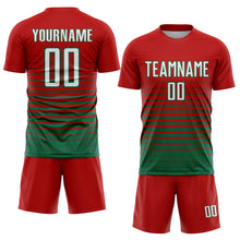 Загрузить изображение в средство просмотра галереи, Custom Red White-Kelly Green Pinstripe Fade Fashion Sublimation Soccer Uniform Jersey