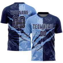 Laden Sie das Bild in den Galerie-Viewer, Custom Graffiti Pattern Navy-Light Blue Scratch Sublimation Soccer Uniform Jersey