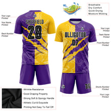 Laden Sie das Bild in den Galerie-Viewer, Custom Graffiti Pattern Black Purple Yellow-Gray Scratch Sublimation Soccer Uniform Jersey