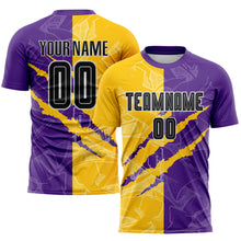 Laden Sie das Bild in den Galerie-Viewer, Custom Graffiti Pattern Black Purple Yellow-Gray Scratch Sublimation Soccer Uniform Jersey