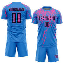 Laden Sie das Bild in den Galerie-Viewer, Custom Powder Blue Navy-Pink Sublimation Soccer Uniform Jersey