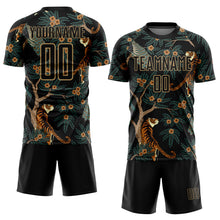 Charger l'image dans la galerie, Custom Black Old Gold Tiger And Peacock Sublimation Soccer Uniform Jersey