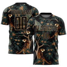 Charger l'image dans la galerie, Custom Black Old Gold Tiger And Peacock Sublimation Soccer Uniform Jersey