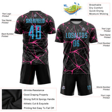 Laden Sie das Bild in den Galerie-Viewer, Custom Black Sky Blue-Pink Sublimation Soccer Uniform Jersey