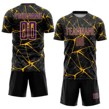 Laden Sie das Bild in den Galerie-Viewer, Custom Black Purple-Gold Sublimation Soccer Uniform Jersey