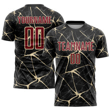 Laden Sie das Bild in den Galerie-Viewer, Custom Black Crimson-City Cream Sublimation Soccer Uniform Jersey