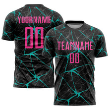 Laden Sie das Bild in den Galerie-Viewer, Custom Black Pink-Aqua Sublimation Soccer Uniform Jersey