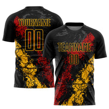 Laden Sie das Bild in den Galerie-Viewer, Custom Black Gold-Red Sublimation Soccer Uniform Jersey