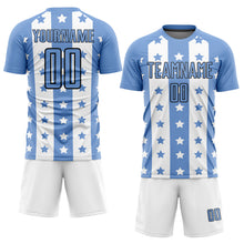 Load image into Gallery viewer, Custom Light Blue Black-White Stars And Stripes Sublimation Soccer Uniform Jersey