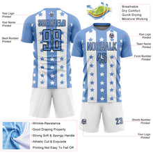 Load image into Gallery viewer, Custom Light Blue Black-White Stars And Stripes Sublimation Soccer Uniform Jersey
