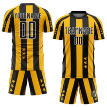 Load image into Gallery viewer, Custom Gold Black-White Stars And Squares Sublimation Soccer Uniform Jersey