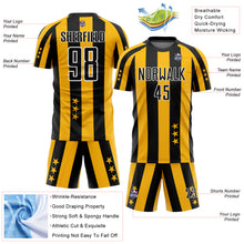 Load image into Gallery viewer, Custom Gold Black-White Stars And Squares Sublimation Soccer Uniform Jersey