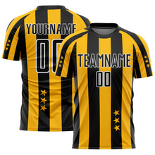 Load image into Gallery viewer, Custom Gold Black-White Stars And Squares Sublimation Soccer Uniform Jersey