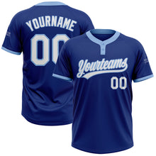 Laden Sie das Bild in den Galerie-Viewer, Custom Royal White-Light Blue Two-Button Unisex Softball Jersey