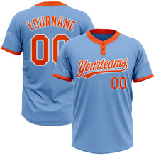 Load image into Gallery viewer, Custom Light Blue Orange-White Two-Button Unisex Softball Jersey