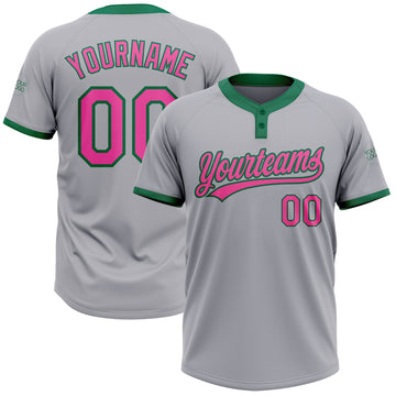 Custom Gray Pink-Kelly Green Two-Button Unisex Softball Jersey