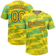 Load image into Gallery viewer, Custom Gold Gold Black-Light Blue 3D Pattern Two-Button Unisex Softball Jersey