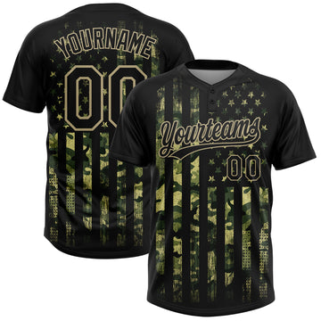 Custom Camo Black-Old Gold 3D American Flag Salute To Service Two-Button Unisex Softball Jersey