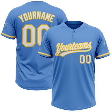 Custom Powder Blue White-Yellow Two-Button Unisex Softball Jersey