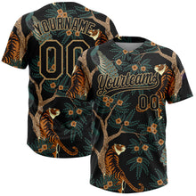 Загрузить изображение в средство просмотра галереи, Custom Black Old Gold 3D Pattern Tiger And Peacock Two-Button Unisex Softball Jersey