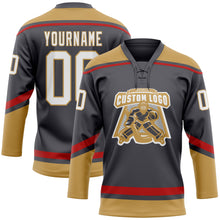 Charger l'image dans la galerie, Custom Steel Gray White Old Gold-Red Hockey Lace Neck Jersey