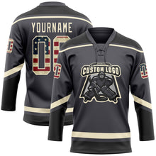 Charger l'image dans la galerie, Custom Steel Gray Vintage USA Flag Cream-Black Hockey Lace Neck Jersey