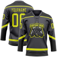 Load image into Gallery viewer, Custom Steel Gray Neon Yellow-Black Hockey Lace Neck Jersey

