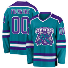 Load image into Gallery viewer, Custom Teal Purple-White Hockey Jersey