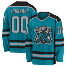 Load image into Gallery viewer, Custom Teal Gray-Black Hockey Jersey
