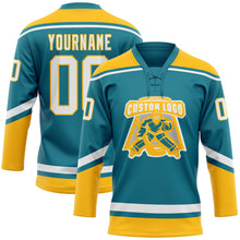 Load image into Gallery viewer, Custom Teal White-Gold Hockey Lace Neck Jersey