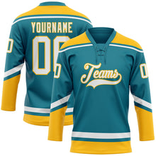 Load image into Gallery viewer, Custom Teal White-Gold Hockey Lace Neck Jersey