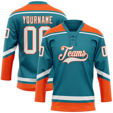 Load image into Gallery viewer, Custom Teal White-Orange Hockey Lace Neck Jersey