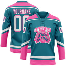 Load image into Gallery viewer, Custom Teal White-Pink Hockey Lace Neck Jersey