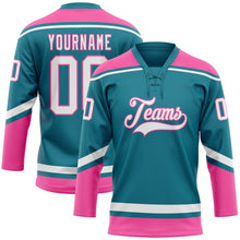 Load image into Gallery viewer, Custom Teal White-Pink Hockey Lace Neck Jersey