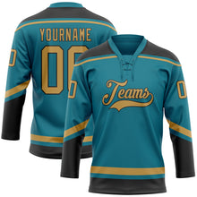 Load image into Gallery viewer, Custom Teal Old Gold-Black Hockey Lace Neck Jersey
