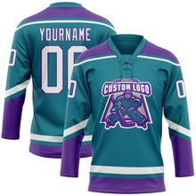 Load image into Gallery viewer, Custom Teal White-Purple Hockey Lace Neck Jersey