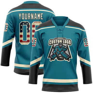 Custom Teal Vintage USA Flag Cream-Black Hockey Lace Neck Jersey