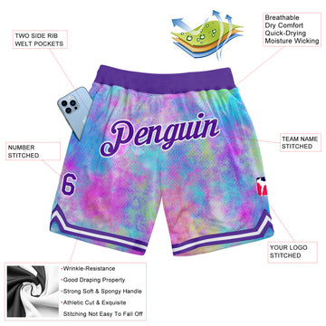 Custom Tie Dye Purple-White 3D Watercolor Gradient Authentic Basketball Shorts