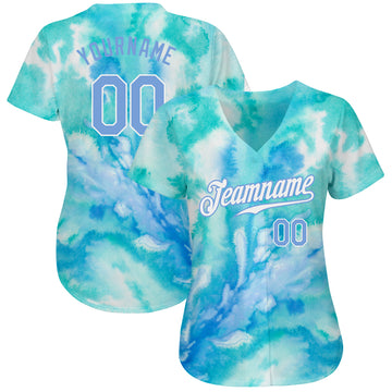 Custom Tie Dye Light Blue-White 3D Authentic Baseball Jersey