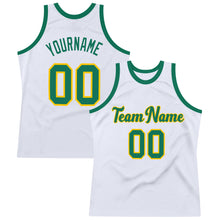 Load image into Gallery viewer, Custom White Kelly Green-Gold Authentic Throwback Basketball Jersey