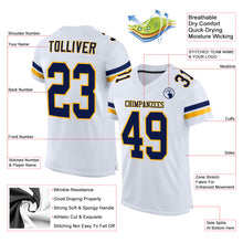 Laden Sie das Bild in den Galerie-Viewer, Custom White Navy-Gold Mesh Authentic Football Jersey