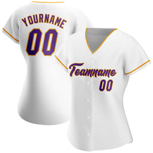Laden Sie das Bild in den Galerie-Viewer, Custom White Purple-Gold Authentic Baseball Jersey
