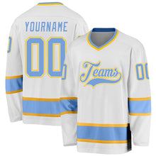 Load image into Gallery viewer, Custom White Light Blue-Gold Hockey Jersey