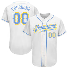 Laden Sie das Bild in den Galerie-Viewer, Custom White Light Blue-Gold Authentic Baseball Jersey