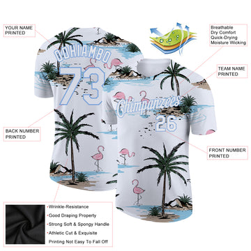 Custom White White-Light Blue 3D Pattern Design Hawaii Palm Trees Performance T-Shirt