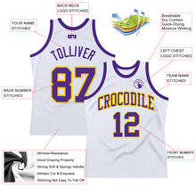 Load image into Gallery viewer, Custom White Purple-Gold Authentic Throwback Basketball Jersey