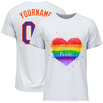 Custom White Purple-Orange Rainbow Colored Heart For World Pride LGBT Performance T-Shirt